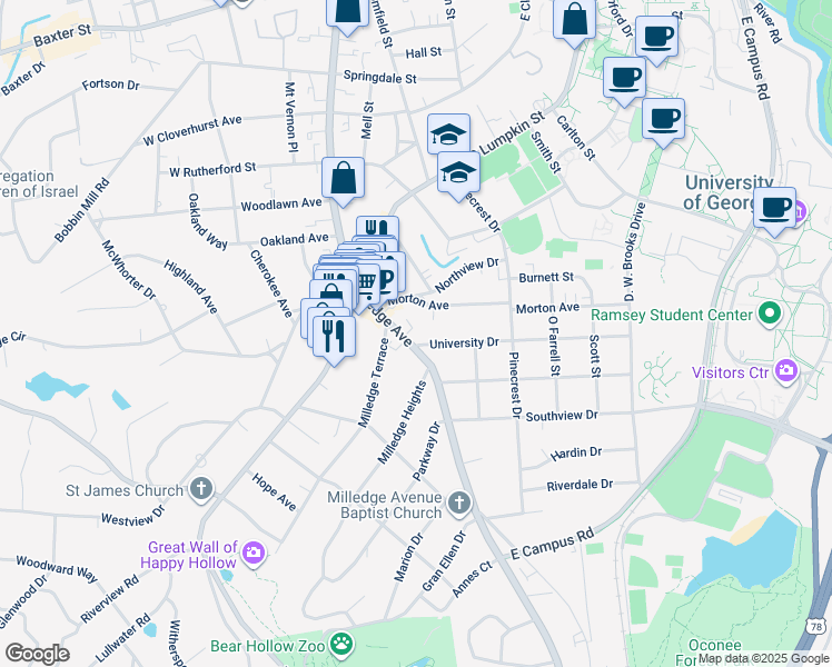 map of restaurants, bars, coffee shops, grocery stores, and more near 1393 South Milledge Avenue in Athens