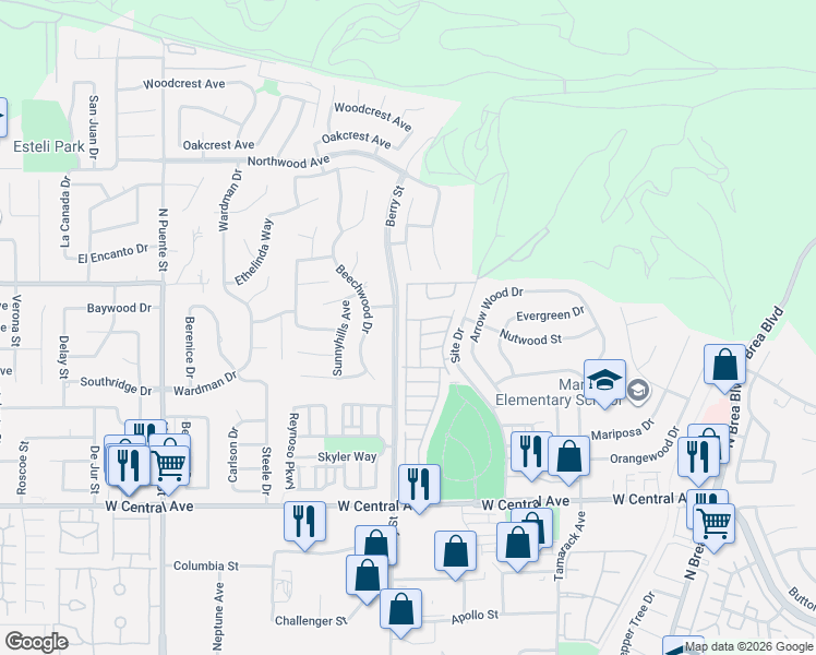 map of restaurants, bars, coffee shops, grocery stores, and more near 1051 Site Drive in Brea