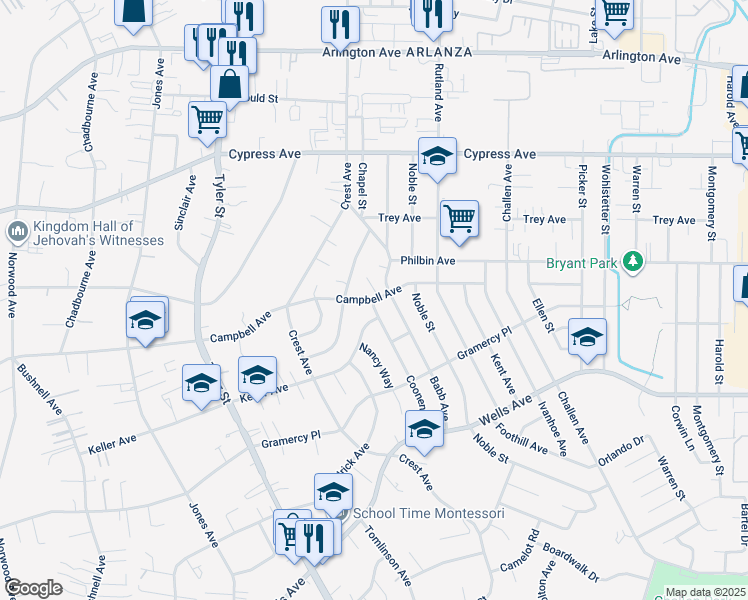 map of restaurants, bars, coffee shops, grocery stores, and more near 10027 Campbell Avenue in Riverside