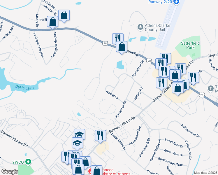 map of restaurants, bars, coffee shops, grocery stores, and more near 250 Woody Lane in Athens