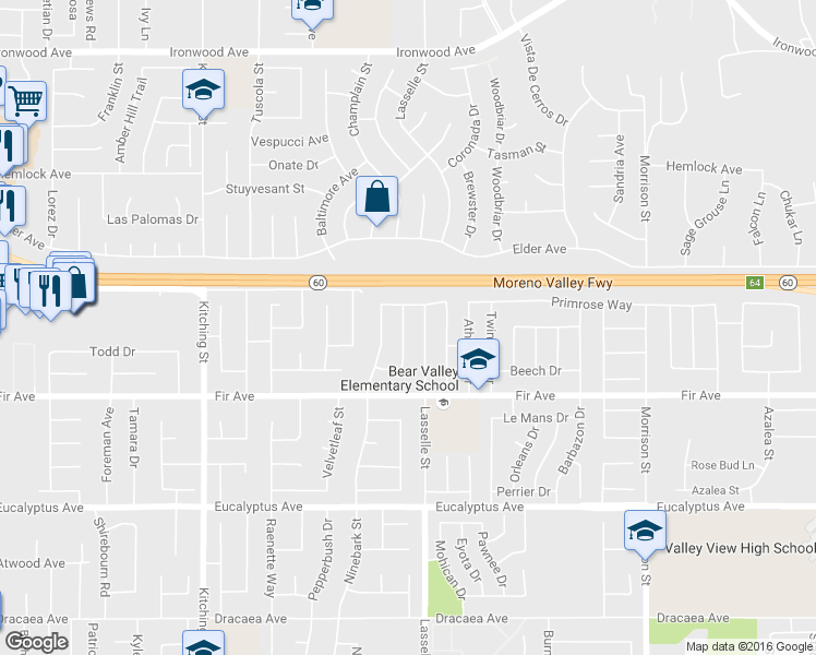 map of restaurants, bars, coffee shops, grocery stores, and more near 12587 Hackberry Lane in Moreno Valley