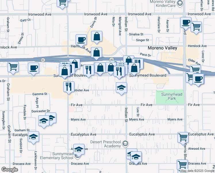 map of restaurants, bars, coffee shops, grocery stores, and more near 24298 Webster Avenue in Moreno Valley