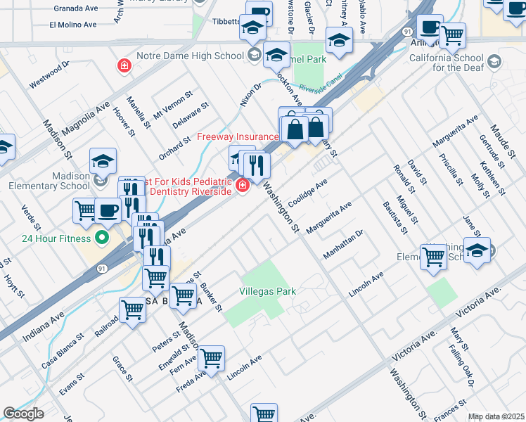 map of restaurants, bars, coffee shops, grocery stores, and more near 7167 Evans Street in Riverside