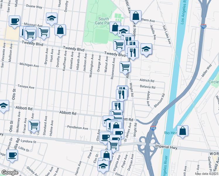 map of restaurants, bars, coffee shops, grocery stores, and more near 10316 Walnut Avenue in South Gate