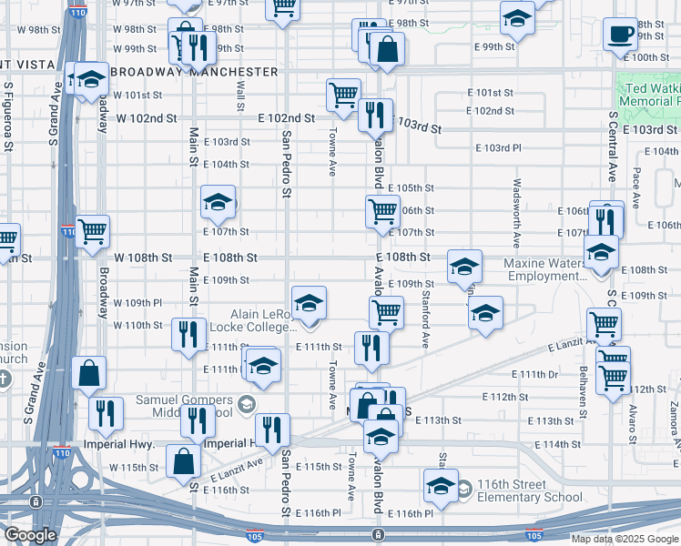 map of restaurants, bars, coffee shops, grocery stores, and more near 357 East 109th Street in Los Angeles