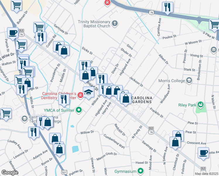 map of restaurants, bars, coffee shops, grocery stores, and more near 115 Highland Avenue in Sumter