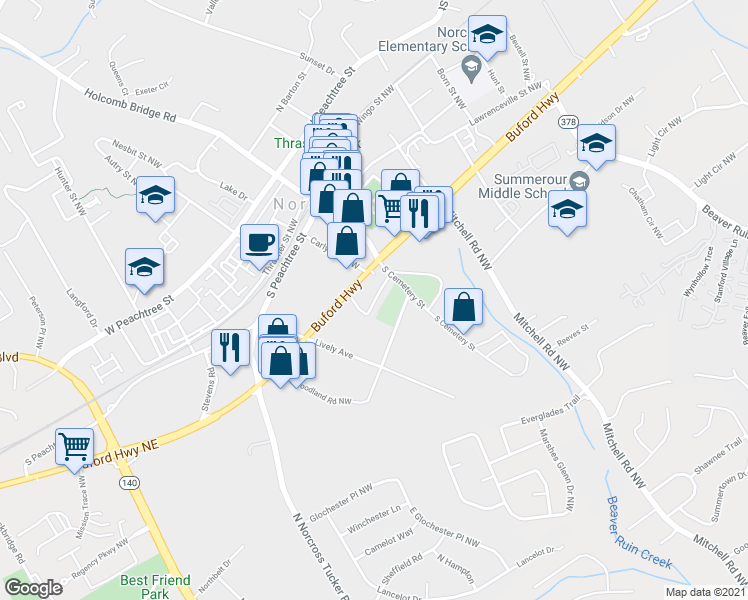 map of restaurants, bars, coffee shops, grocery stores, and more near 5830 Buford Highway in Norcross