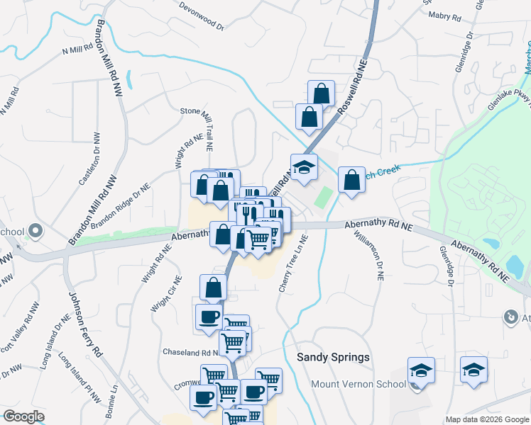 map of restaurants, bars, coffee shops, grocery stores, and more near 6692 Roswell Road in Sandy Springs