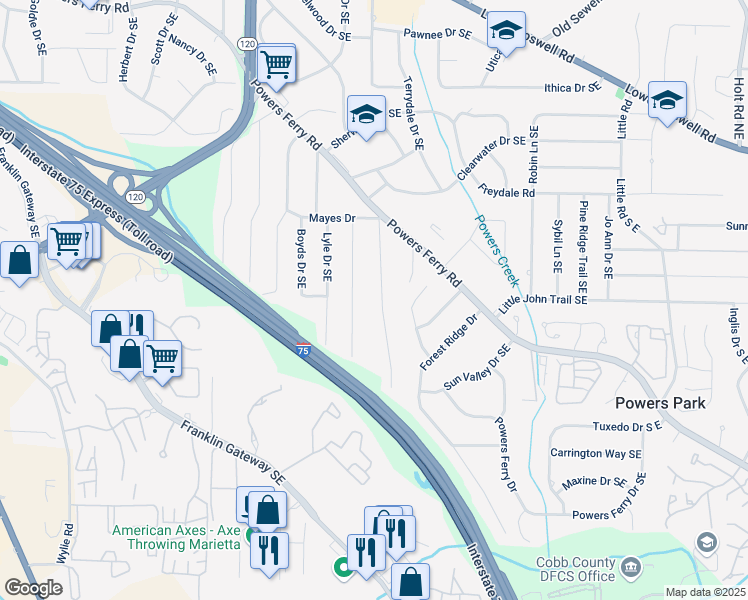 map of restaurants, bars, coffee shops, grocery stores, and more near 910 Oriole Lane South East in Marietta