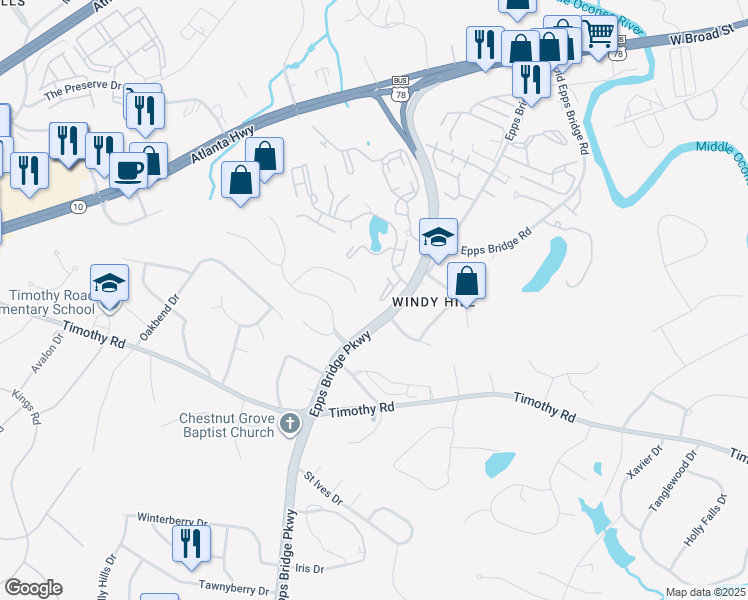 map of restaurants, bars, coffee shops, grocery stores, and more near 418 Epps Bridge Parkway in Athens