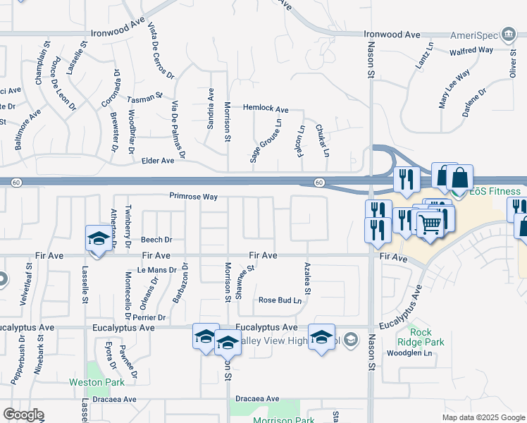 map of restaurants, bars, coffee shops, grocery stores, and more near 12614 Torrey Pine Road in Moreno Valley