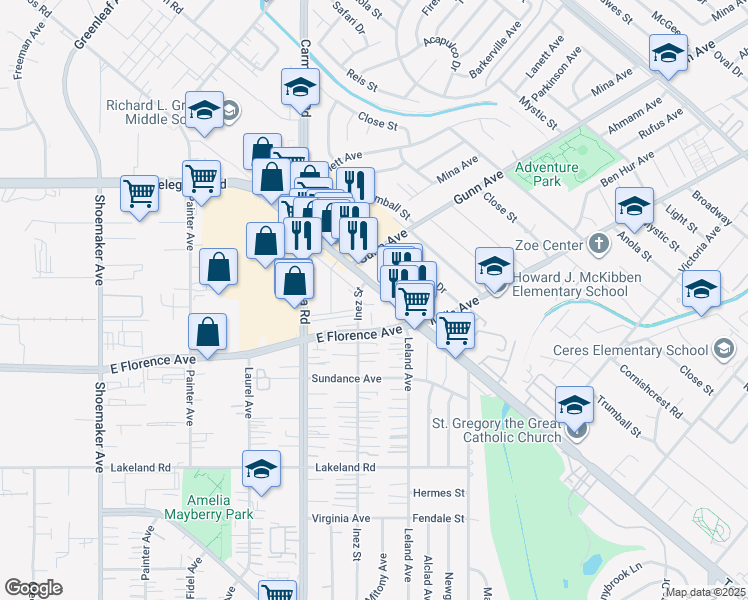 map of restaurants, bars, coffee shops, grocery stores, and more near 10634 Inez Street in Whittier