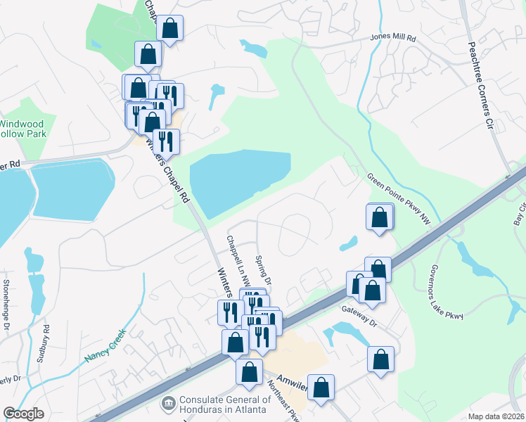 map of restaurants, bars, coffee shops, grocery stores, and more near 3345 spring Drive in Atlanta
