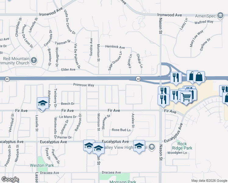 map of restaurants, bars, coffee shops, grocery stores, and more near 12614 Torrey Pine Road in Moreno Valley