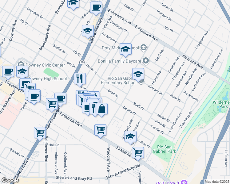 map of restaurants, bars, coffee shops, grocery stores, and more near 9215 Buell Street in Downey