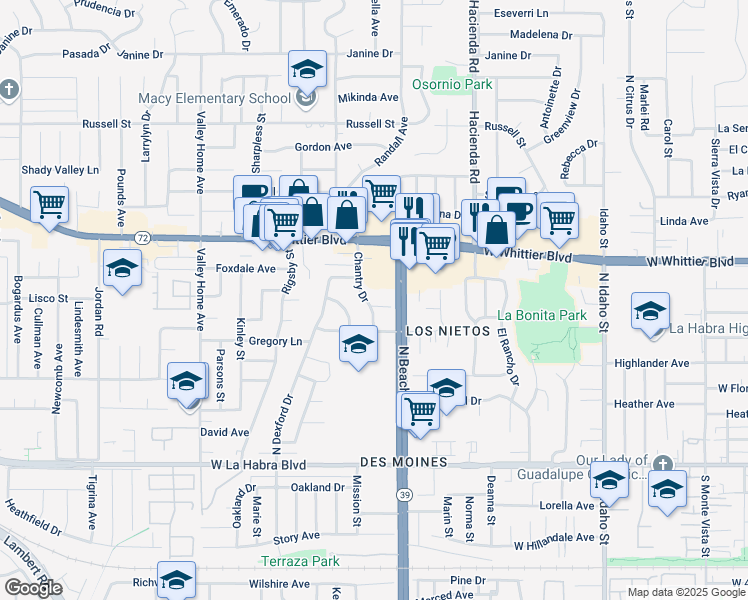 map of restaurants, bars, coffee shops, grocery stores, and more near 700 Chantry Drive in La Habra