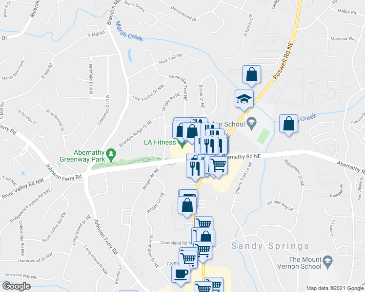 map of restaurants, bars, coffee shops, grocery stores, and more near 278 Abernathy Road Northwest in Sandy Springs