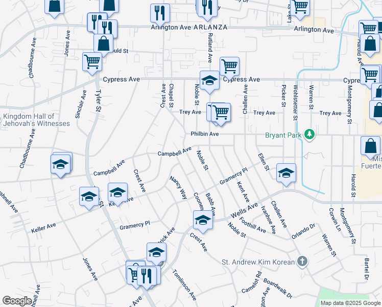 map of restaurants, bars, coffee shops, grocery stores, and more near 5587 Babb Avenue in Riverside