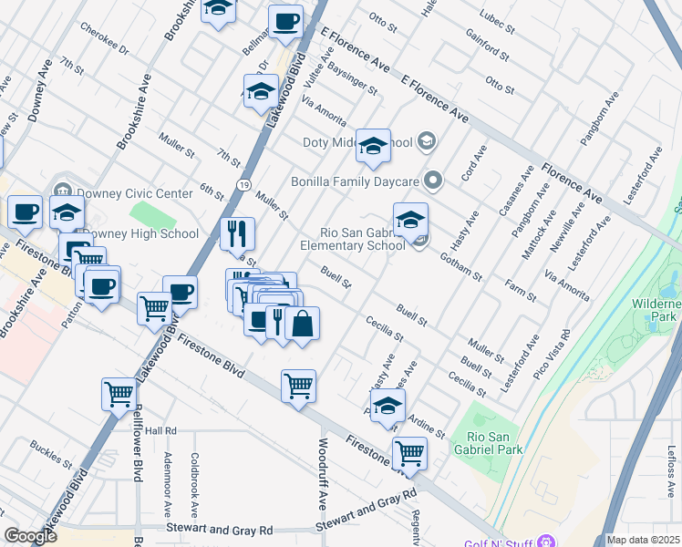 map of restaurants, bars, coffee shops, grocery stores, and more near 9215 Buell Street in Downey