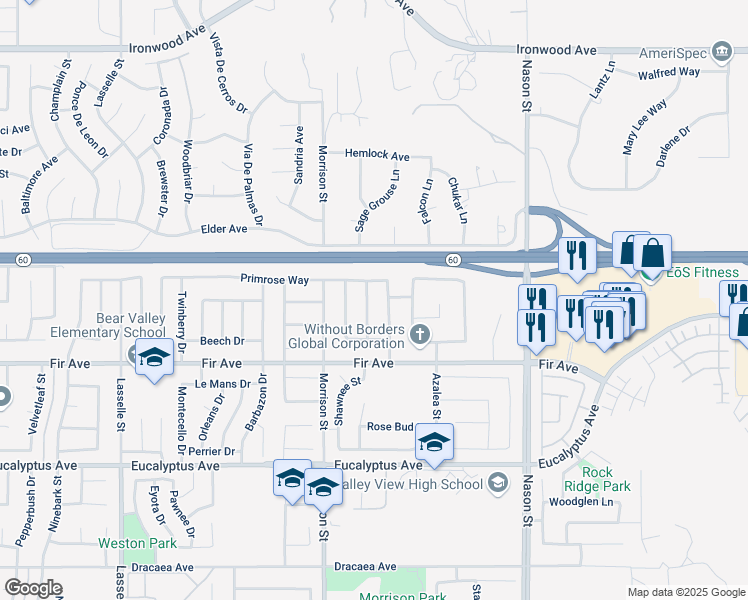 map of restaurants, bars, coffee shops, grocery stores, and more near 12614 Torrey Pine Road in Moreno Valley