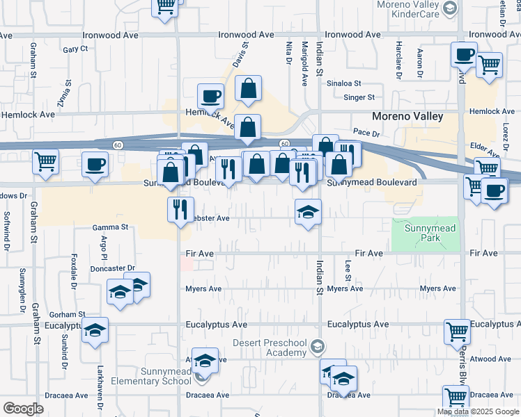 map of restaurants, bars, coffee shops, grocery stores, and more near 24298 Webster Avenue in Moreno Valley