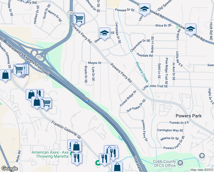 map of restaurants, bars, coffee shops, grocery stores, and more near 910 Oriole Lane South East in Marietta