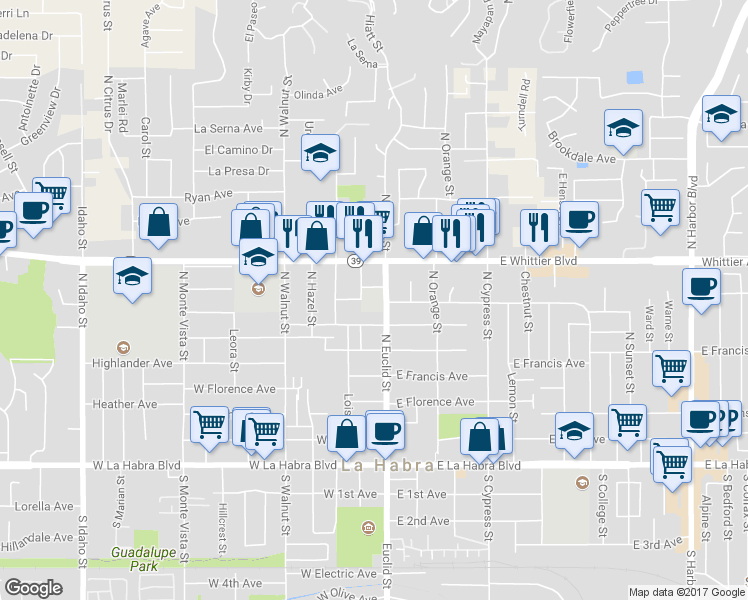 map of restaurants, bars, coffee shops, grocery stores, and more near 631 North Euclid Street in La Habra
