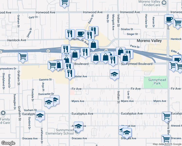 map of restaurants, bars, coffee shops, grocery stores, and more near 24224 Webster Avenue in Moreno Valley