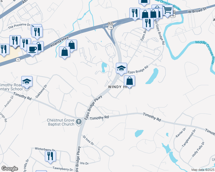 map of restaurants, bars, coffee shops, grocery stores, and more near 101 Wood Lake Drive in Athens