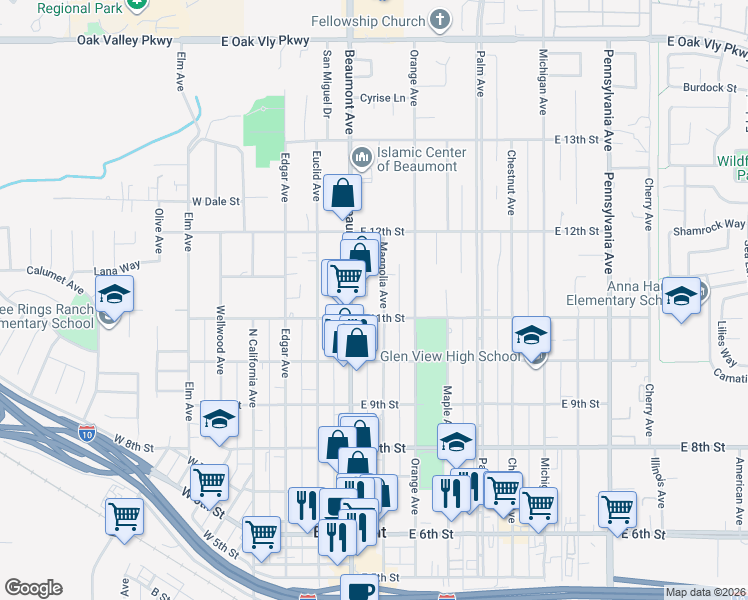 map of restaurants, bars, coffee shops, grocery stores, and more near 1113 Magnolia Avenue in Beaumont