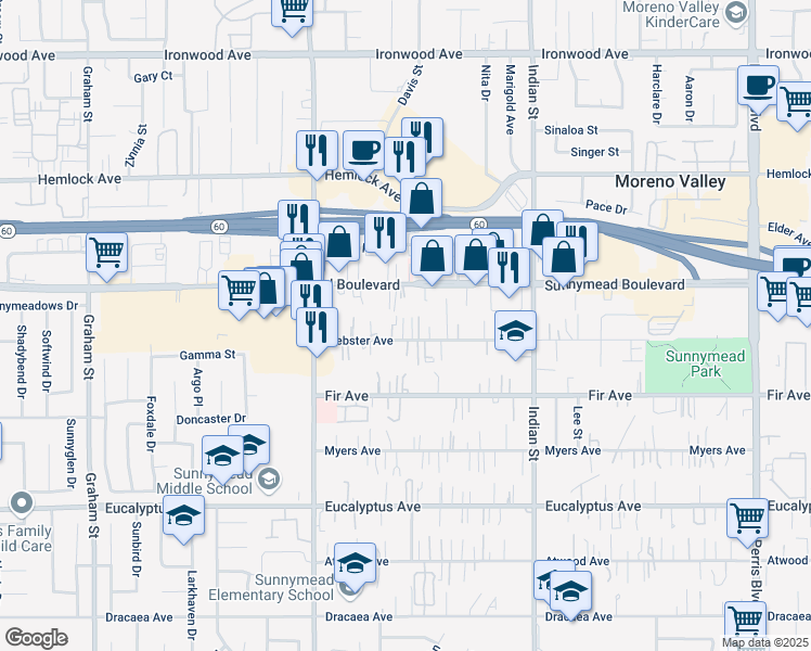 map of restaurants, bars, coffee shops, grocery stores, and more near 24212 Webster Avenue in Moreno Valley