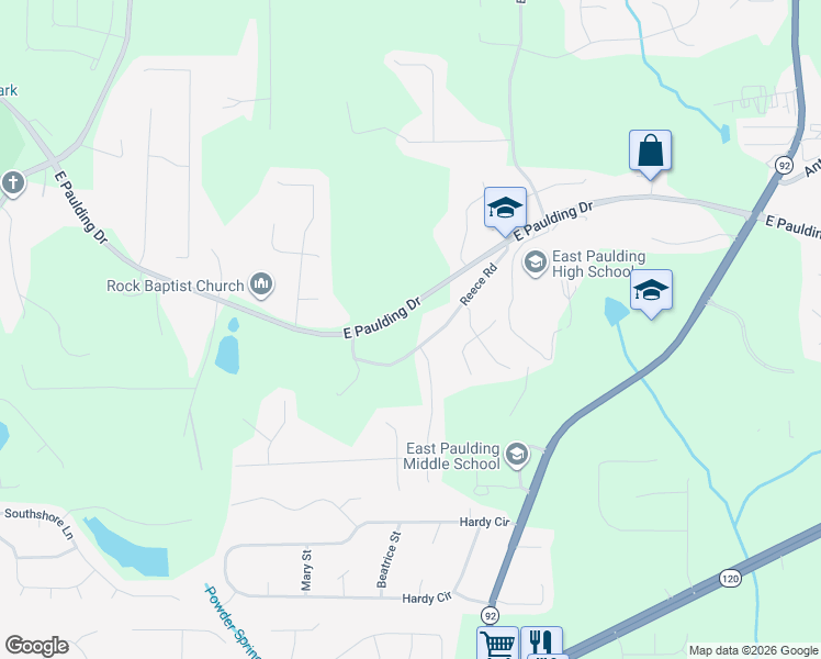 map of restaurants, bars, coffee shops, grocery stores, and more near 2896 East Paulding Drive in Dallas
