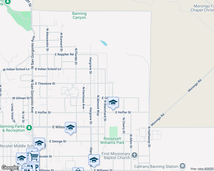 map of restaurants, bars, coffee shops, grocery stores, and more near 1370 North Blanchard Street in Banning