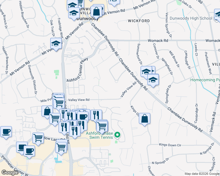 map of restaurants, bars, coffee shops, grocery stores, and more near 4886 Valley View Court in Dunwoody