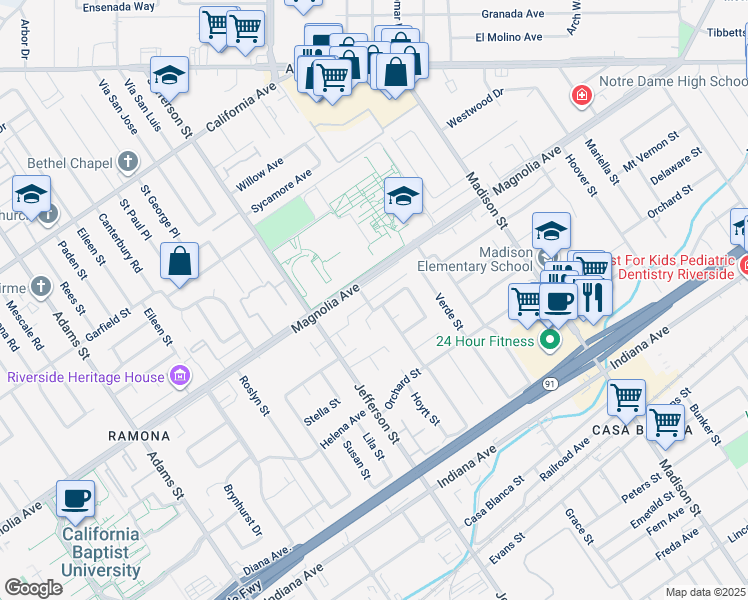 map of restaurants, bars, coffee shops, grocery stores, and more near 7789 Potomac Street in Riverside