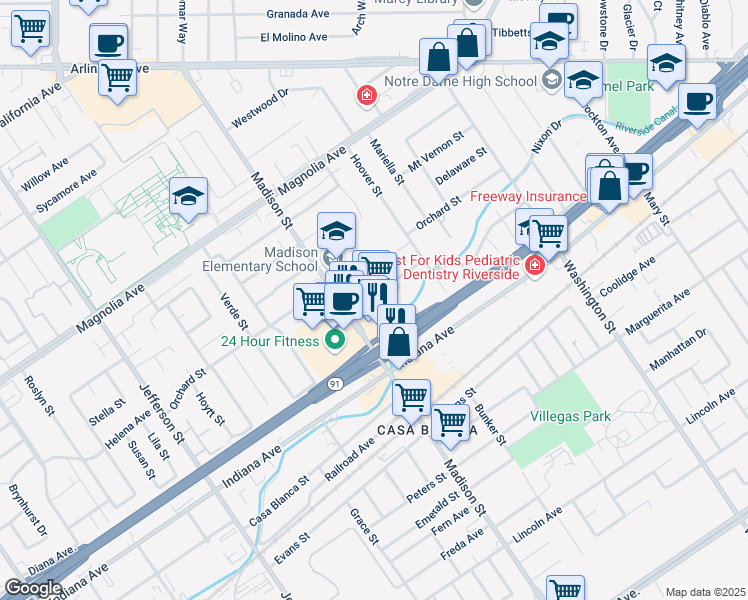 map of restaurants, bars, coffee shops, grocery stores, and more near 3511 Madison Street in Riverside