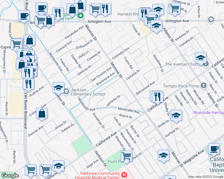 map of restaurants, bars, coffee shops, grocery stores, and more near 4442 Elora Court in Riverside