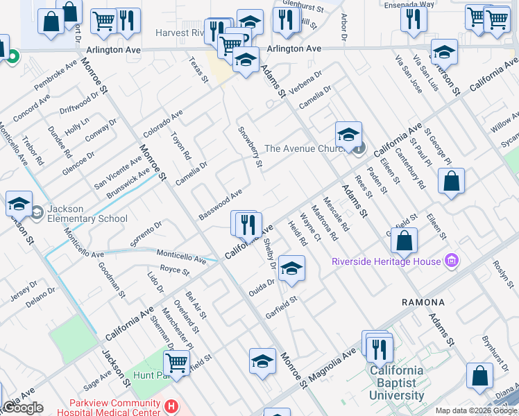 map of restaurants, bars, coffee shops, grocery stores, and more near 8525 Crystal Avenue in Riverside
