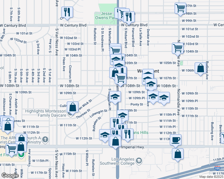 map of restaurants, bars, coffee shops, grocery stores, and more near 10812 South Manhattan Place in Los Angeles