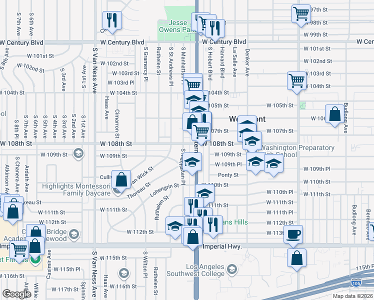 map of restaurants, bars, coffee shops, grocery stores, and more near 10823 South Western Avenue in Los Angeles