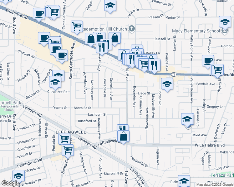 map of restaurants, bars, coffee shops, grocery stores, and more near 16121 Lisco Street in Whittier