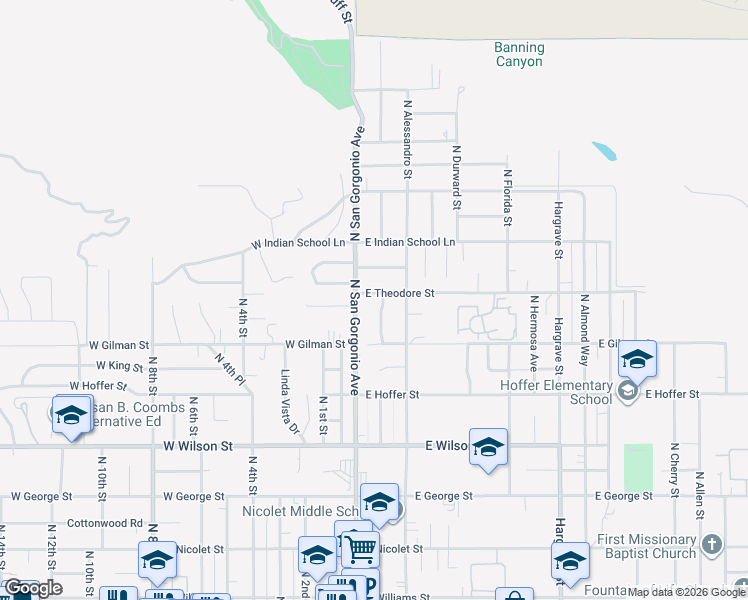 map of restaurants, bars, coffee shops, grocery stores, and more near 80 East Theodore Street in Banning