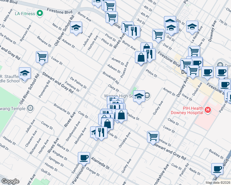 map of restaurants, bars, coffee shops, grocery stores, and more near 11709 Samoline Avenue in Downey