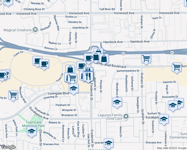 map of restaurants, bars, coffee shops, grocery stores, and more near 12597 Andretti Street in Moreno Valley