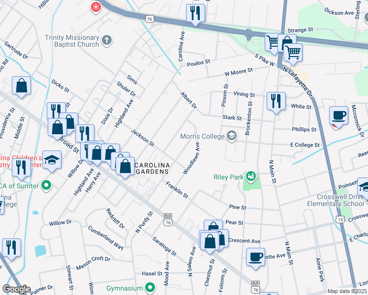 map of restaurants, bars, coffee shops, grocery stores, and more near 116b Morgan Avenue in Sumter