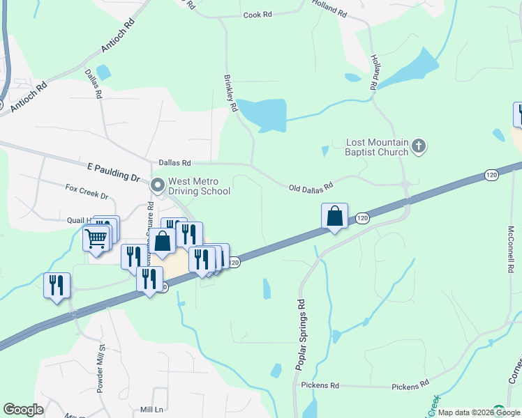 map of restaurants, bars, coffee shops, grocery stores, and more near 5797 Dallas Highway in Dallas