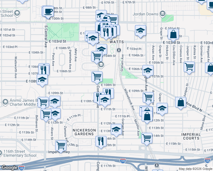 map of restaurants, bars, coffee shops, grocery stores, and more near 1626 East 108th Street in Los Angeles