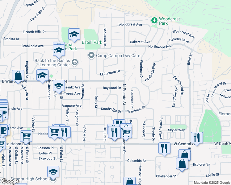 map of restaurants, bars, coffee shops, grocery stores, and more near 1156 Wickford Drive in Brea