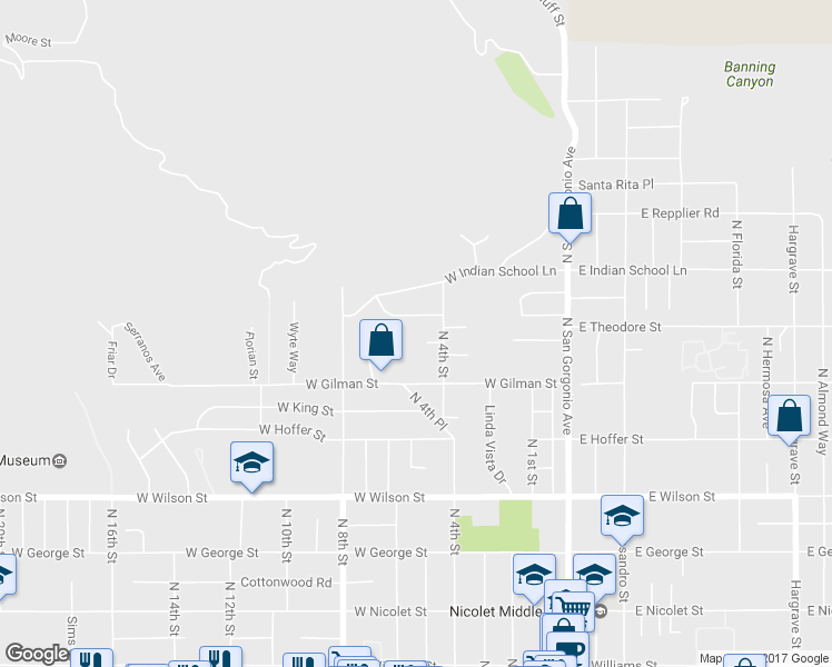 map of restaurants, bars, coffee shops, grocery stores, and more near 529 Roosevelt Road in Banning