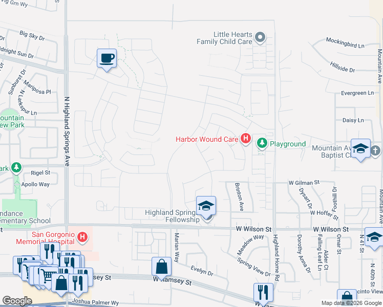 map of restaurants, bars, coffee shops, grocery stores, and more near in Banning